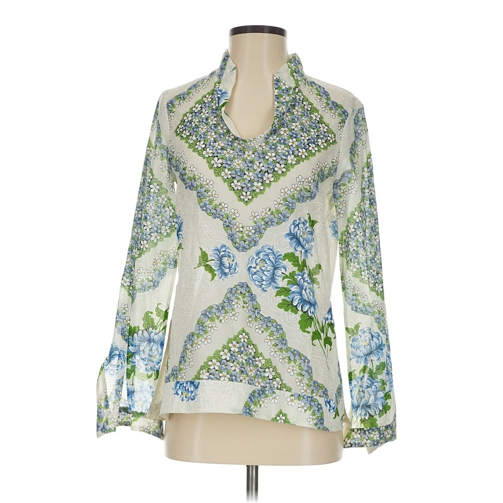 Tory Burch Tunic Top Women Size 0 White Blue Green Floral Cotton 64779